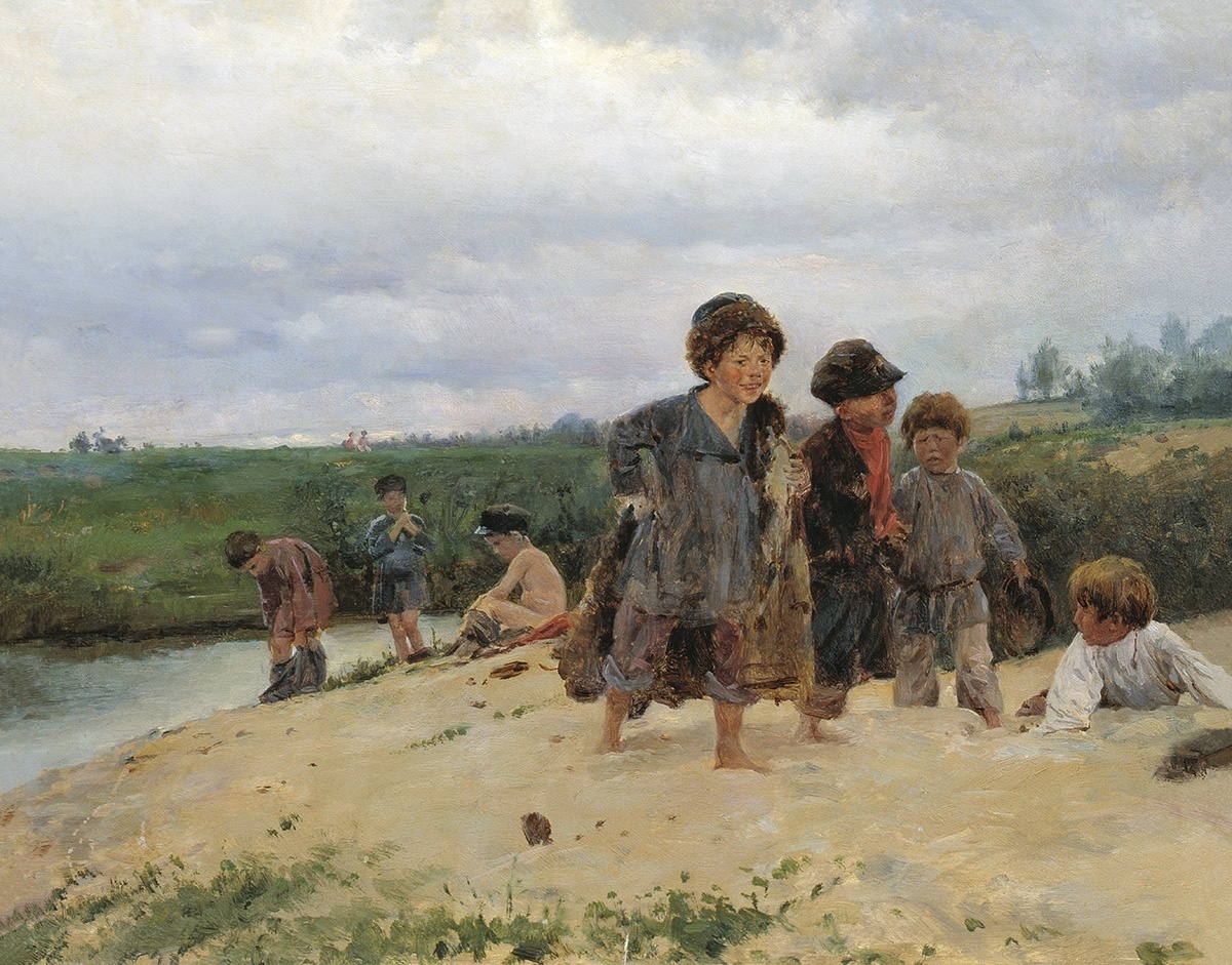 России дети картины. Маковский «от дождя» 1887.